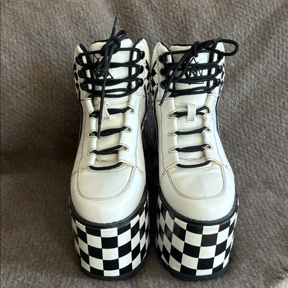 YRU Qozmo Checker Platform Sneakers in black and white vegan leather 8